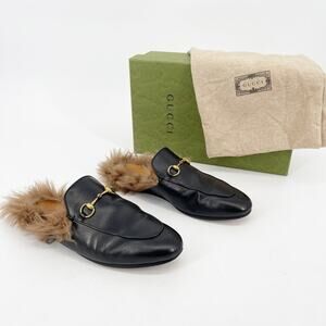 Gucci Black Leather Princetown Fur Wool Lined Horsebit Mule Slipper EU 39.5